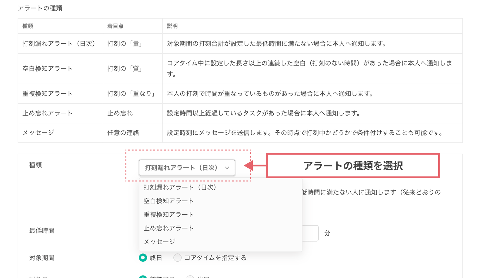 アラートの種類の選択