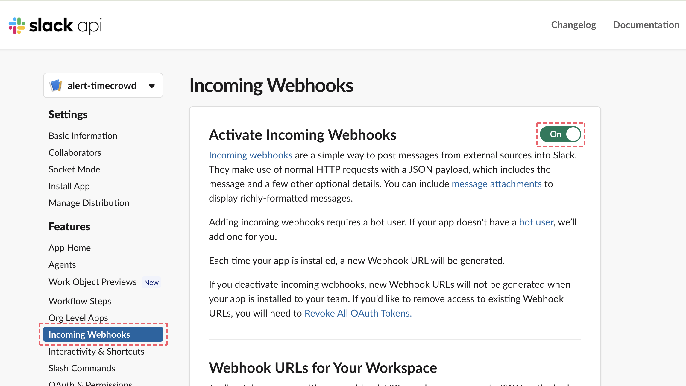 Incoming Webhooksの有効化